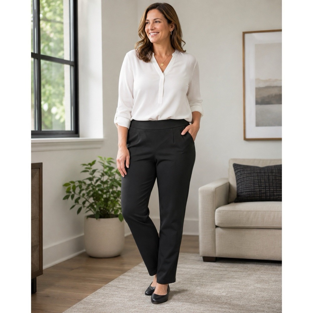 Kay Unger New York Size 1X Black Pull On Straight Leg Pants Stretch Pockets
